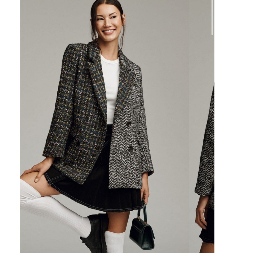 Driftwood Relaxed Plaid Mix Blazer Grey Wool Blend Herringbone Double Breasted S